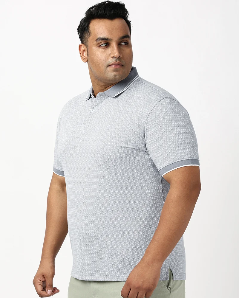 بيواكوف Men's Light Grey Micro Geometric Printed Plus Size Polo T-shirt